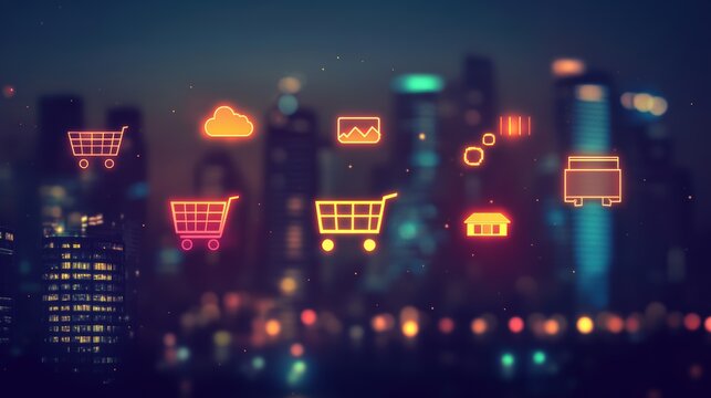 Glowing shopping cart hologram digital sale promotion poster design for holiday shopping season.