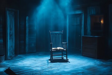 An old rocking chair sits alone on a stage bathed in blue light