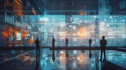 Futuristic Business Meeting: Data Visualization and Global Network