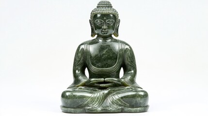 Green jade Buddha statue sitting in a meditative pose, highlighted by expert carving on a plain white background.