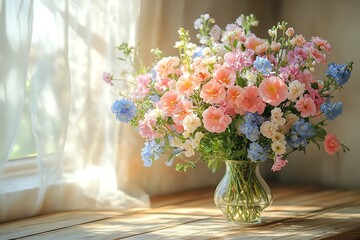 A delicate bouquet of pastel flowers bathes in sunlight by the window © natalia