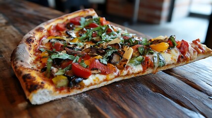 A slice of supreme pizza lifted revealing fresh vegetables and gooey cheese against a rustic table setup