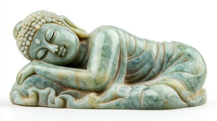 Intricately carved 3D jade Buddha statue, symbolic of peace and spirituality, isolated on a white background.