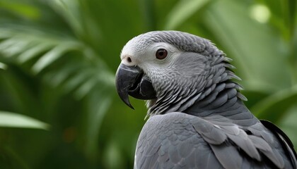 Obraz premium Lively scene of an African grey parrot among lush tropical foliage, blending beautifully with nature