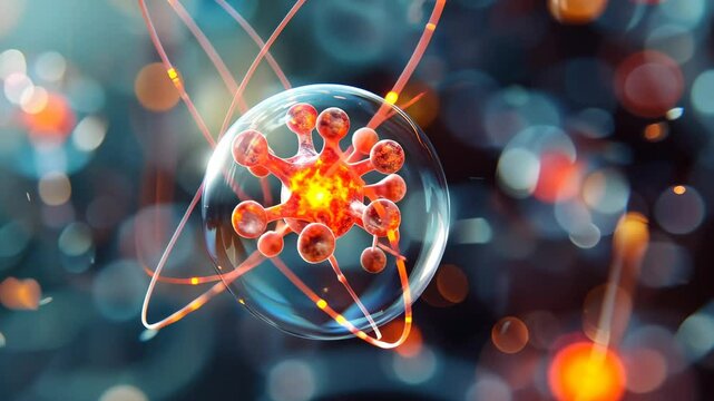 This artwork depicts a stylized atom, showcasing its core with protons and electrons. The vibrant colors create an engaging look at fundamental particles in physics and chemistry.