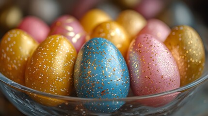 Fototapeta premium Abstract modern designs on Easter eggs in a glass bowl.