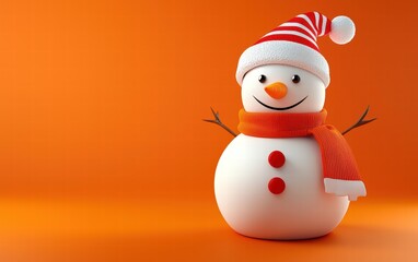 3D cute Snowman on bright orang background
