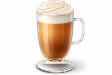 A frothy coffee drink in a clear glass with a decorative whipped cream topping.