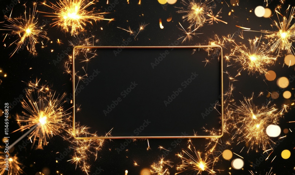 Aufkleber holiday background with rectangle frame on black. gold sparkler firework shape with copy space.