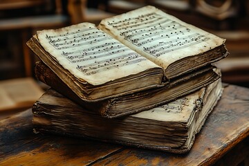 Obraz premium Stack of antique music books with weathered pages open, displaying handwritten musical notes, evoking a sense of history and musical heritage.