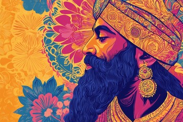 Fototapeta premium Cultural Poster Design Featuring Guru Nanak with Vibrant Punjabi Art and Sikh Symbols