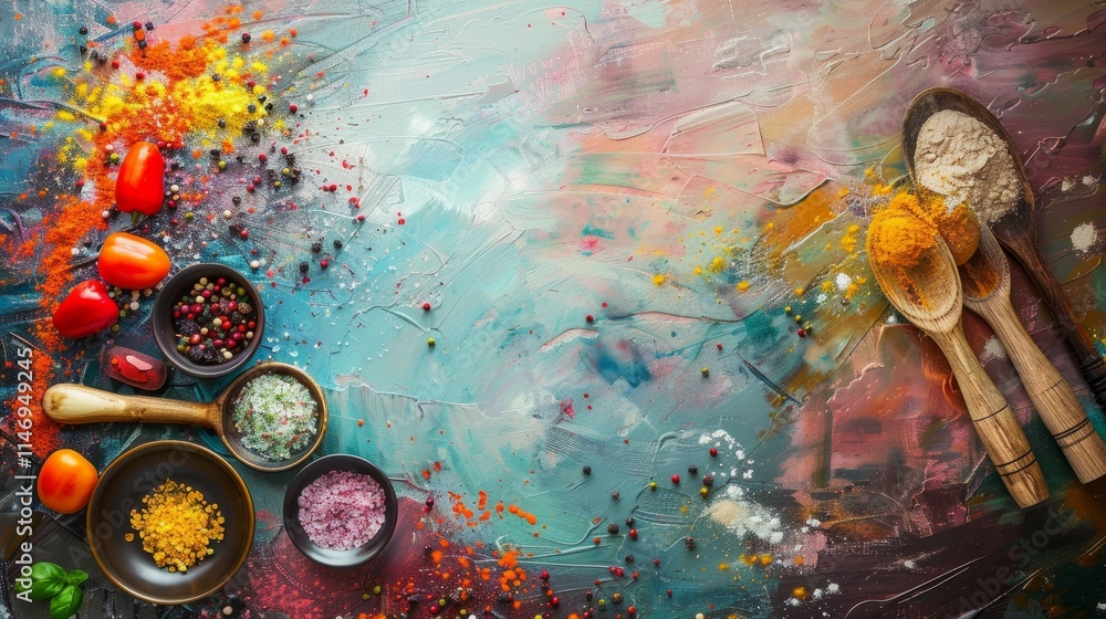 Poster culinary workspace with abstract color background for artistic appeal