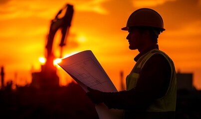 Worker examining blueprints at sunset, symbolizing construction and planning.