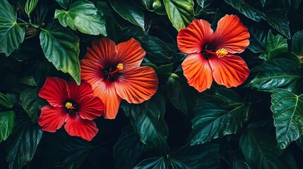 Obraz premium Scarlet hibiscus flowers against a tropical green foliage, close-up shot, Minimalist style