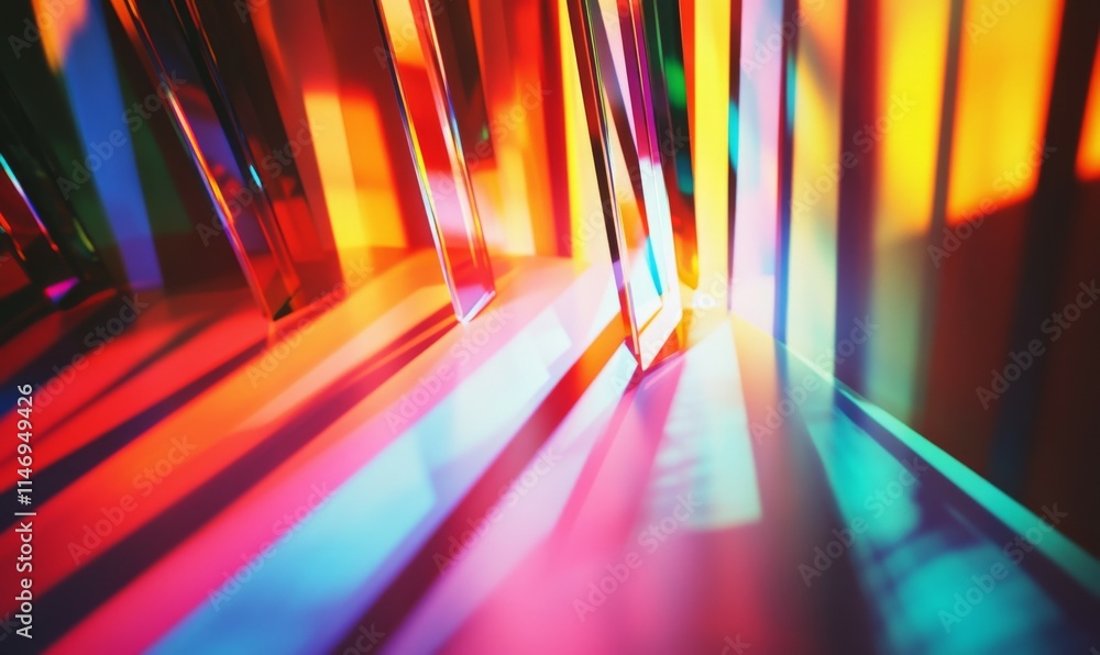 Poster illuminated light beams cascading through glass prisms, scattering into a spectrum of colors, abstra
