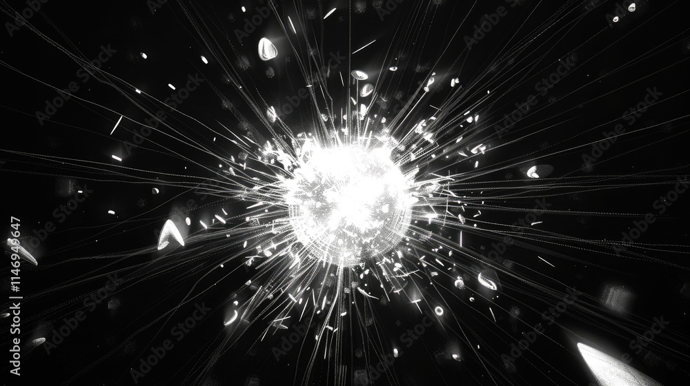 Poster an abstract representation of a white sphere exploding with energy against a black background. neon 
