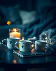 A cozy evening with starry mugs, a warm candle, and soft blankets creating a serene atmosphere