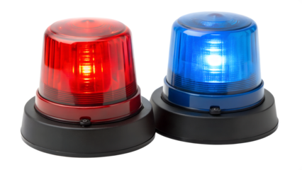 Red and blue flashing lights on a transparent background close-up