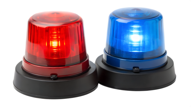 Red and blue flashing lights on a transparent background close-up