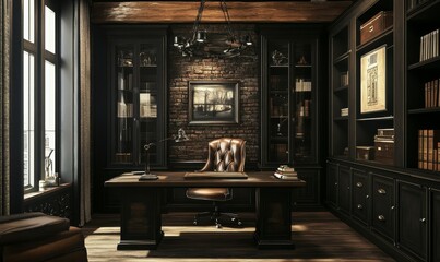 Industrial Style Office Interior with Dark Walnut Wood and Black Metallic Elements.