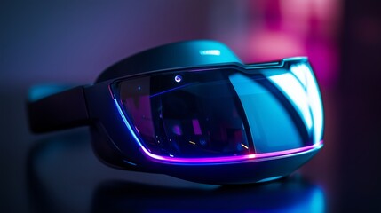 Futuristic Virtual Reality Headset with Sleek Neon Design and Glowing Highlights

