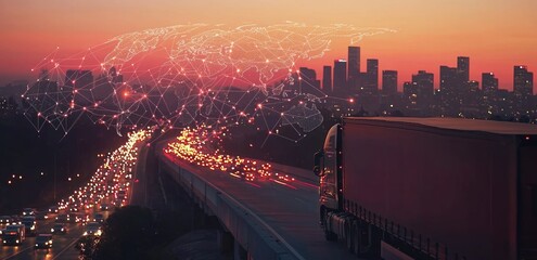 Global connectivity and transportation with interconnected lines and nodes at sunset