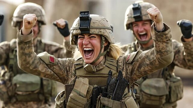 Female soldiers celebrating victory on battlefield with raised arms