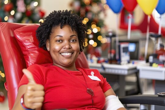 Cheerful blood donor giving thumbs up during holiday season donation. Holiday Hugs Day celebration