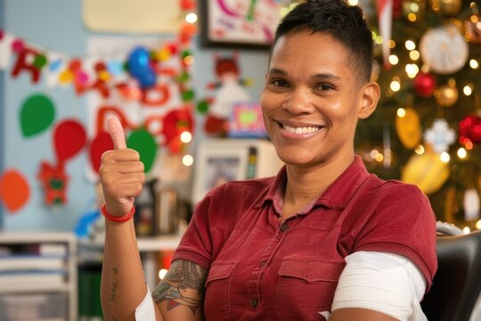 Cheerful blood donor giving thumbs up in a festive holiday setting