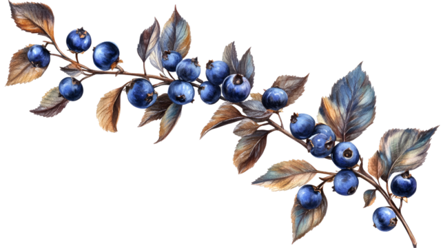 Watercolor Painting of Blueberries Branch, Autumn Leaves, Dark Background