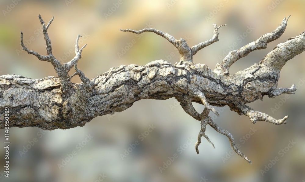 Poster isolated tree branch with intricate bark detail, fading softly into a blurred backdrop. .