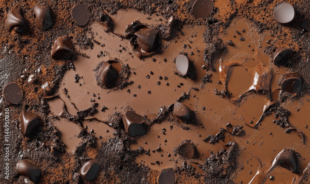 Poster patterns of smeared chocolate textures with cocoa dusting and glimmering chocolate chips create a ri