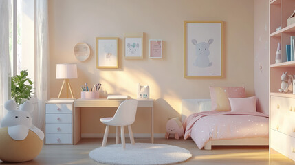 Fototapeta premium 3d illustration of kids room design with desk, bookcase, bed, chest of drawers, beige light pink pastel colors