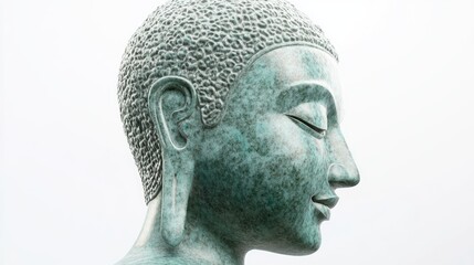 Obraz premium Profile of a 3D green jade Buddha head, highlighting serene expression and elegant carving on white.