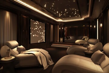 Luxurious lounge interior featuring elegant seating and ornate decor illuminated by soft lighting in a sophisticated setting