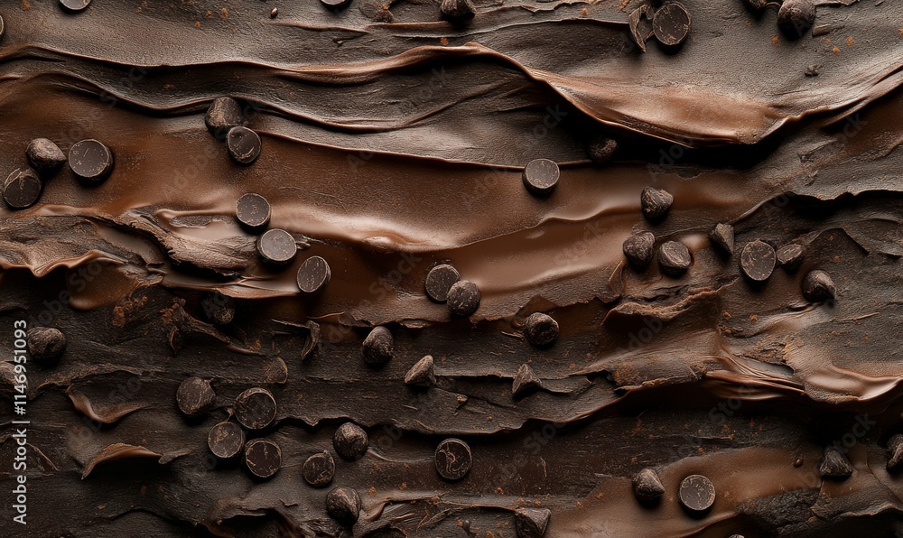 Poster dense layers of chocolate textures in abstract forms, with cocoa accents and scattered chocolate chi