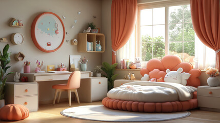 3d illustration of kids room design with desk, bookcase, bed, chest of drawers, beige light pink pastel colors