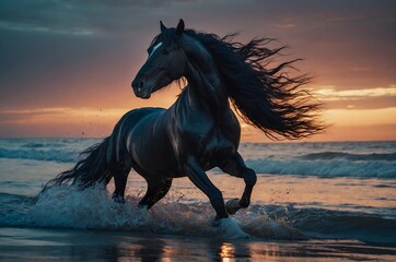 A black horse runs through the water on a summer beach.