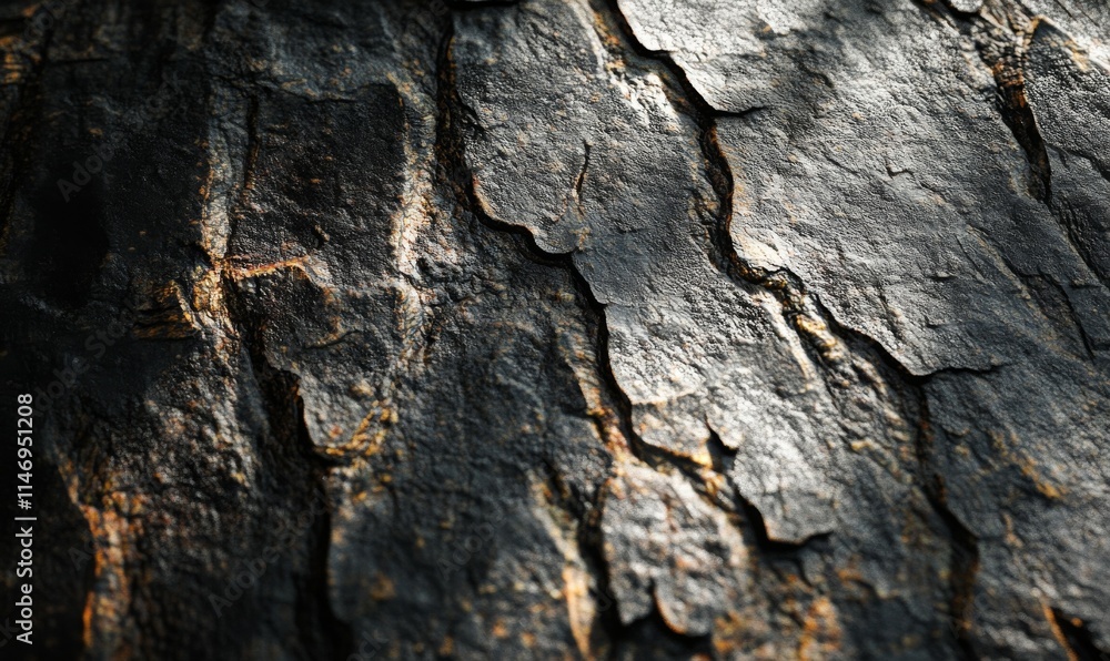 Poster shadowed forest pathway with intricate tree bark textures, dappled light patterns creating a serene 