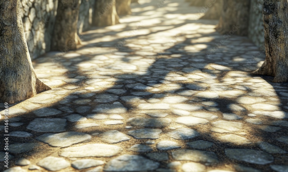 Poster shadowed forest pathway with intricate tree bark textures, dappled light patterns creating a serene 