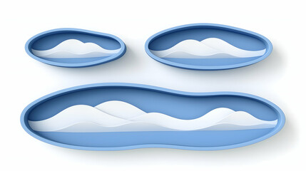 Three smooth blue trays with layered mountain and wave designs for decorative use.