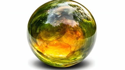 A reflective sphere capturing natural scenery and colors, resembling a gemstone.