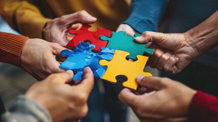 People connecting jigsaw show connection for business in teamwork concept. Friendly atmosphere for strategy management. Working of company team under cooperation together work for organization. AIG53.