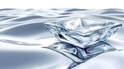 A crystal dish resting on a smooth, reflective water surface, creating a serene ambiance.