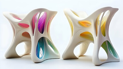 Two modern sculptural chairs with vibrant colors and organic shapes for contemporary interiors.