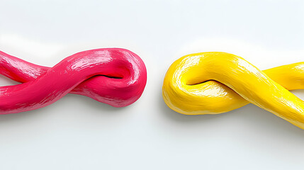 Two twisted strands of pink and yellow material on a white background.