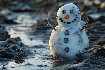 A melting snowman stands in a muddy puddle, symbolizing the end of winter's enchantment.