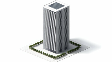 A modern office building with a landscaped perimeter and a flat rooftop design.