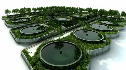 A futuristic eco-friendly urban design featuring circular green spaces and water features.