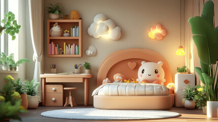 3d illustration of kids room design with desk, bookcase, bed, chest of drawers, beige light pink pastel colors